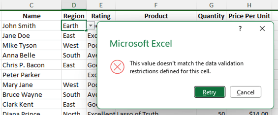 Error generated if incorrect value entered