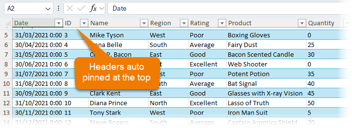 Table headers pinned at top as sheet scrolls