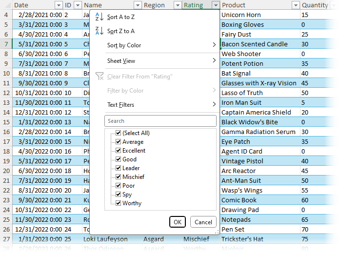 Sort and filter table column