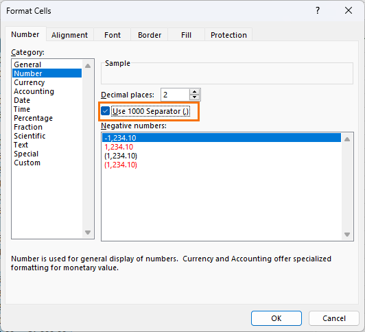 Open the Format Cells dialog and choose use 1000 separator