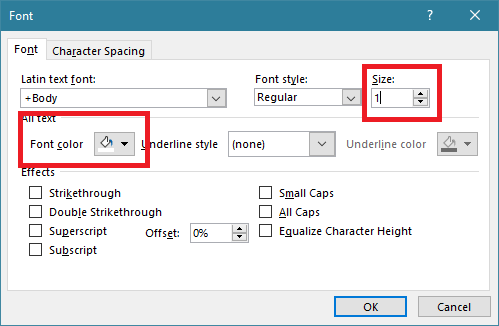set font color to white and font size to 1