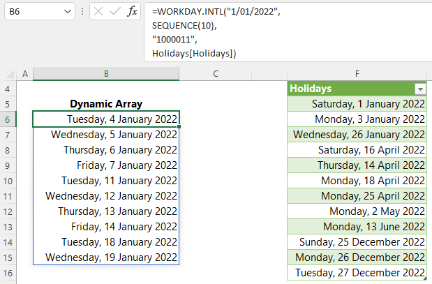 WORKDAY.INTL list dates dynamic array