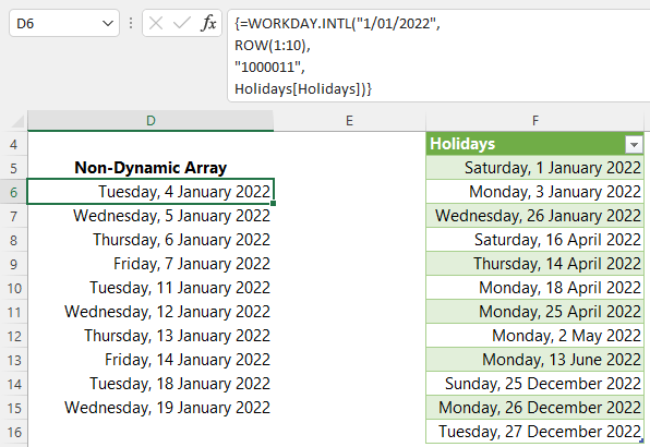 WORKDAY.INTL list dates multi-cell array formula
