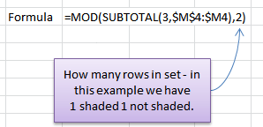 Formula for Excel Conditional Formatting shaded bands in a filtered table